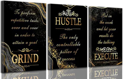3 piezas de lienzo inspirador de oro negro para oficina, arte de pared, motivacional, moler ajetreo, ejecución, fotos inspiradoras, decoración de