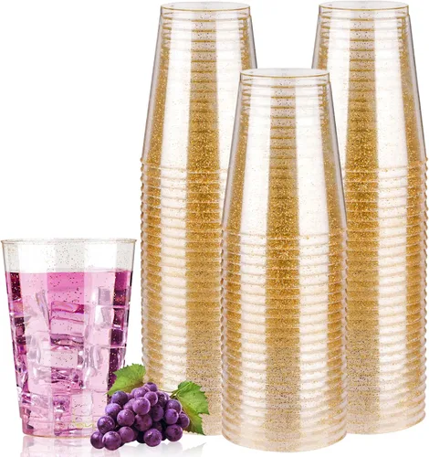 Miniatura 17 de Goodluck 100 vasos de plástico con purpurina dorada de 9 onzas, vasos desechables con purpurina, elegantes vasos de cóctel de plástico, vasos