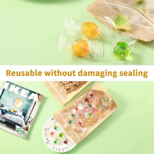 Miniatura 7 de Paquete de 150 bolsas de papel kraft con ventana de 8x12, bolsas de Mylar grandes con cierre y base para almacenamiento de alimentos, bolsa