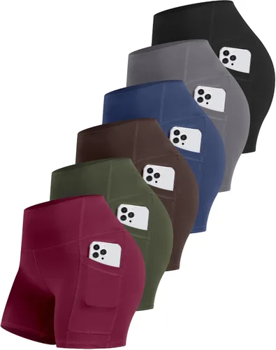Miniatura 16 de CHRLEISURE - 6 paquetes de pantalones cortos de mujer estilo biker con bolsillo, pantalones cortos de elastano de control de abdomen de 5 pulgadas
