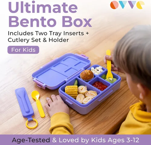 Miniatura 7 de ovve Lonchera Bento para niños y cubiertos – Lonchera para niños a prueba de fugas, insertos intercambiables, sin BPA, recipientes aptos para Púrpura
