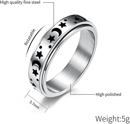 Miniatura 3 de Anillos giratorios de acero inoxidable de titanio con estrella de luna negra para mujeres y hombres, delicados antiansiedad, alivio del estrés