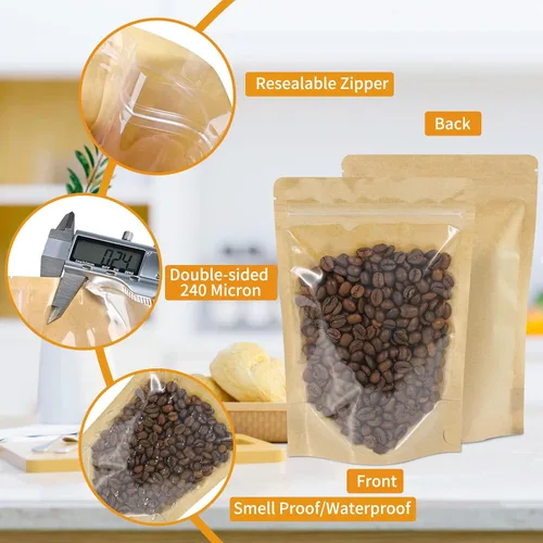 Miniatura 3 de 100 PCS bolsas resellables, bolsas de papel kraft de pie con ventana frontal transparente, bolsas de almacenamiento de alimentos con cierre