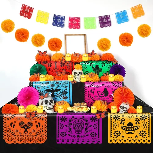 Newwiee Juego de 82 piezas de altar del Día de los Muertos, velas LED sin llama, abanico de flores de caléndula, abanico de flores monarca, Bonito
