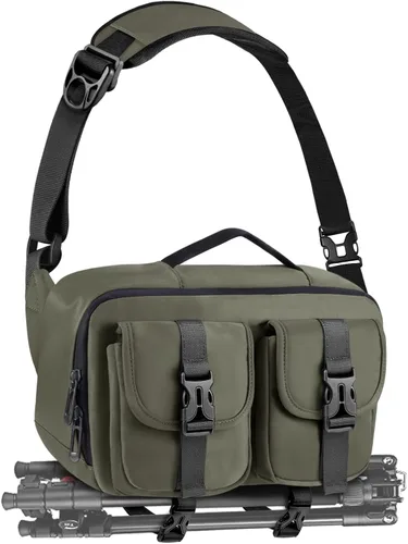 Miniatura 10 de Bolso bandolera para cámara TAAOKA, bolsa para cámara DSLR con soporte para trípode, bolsa de hombro impermeable para fotógrafos (Beige)