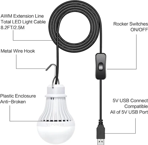 Miniatura 7 de Paquete de 2 bombillas de luz USB, linterna de luz LED USB para acampar, luz de tienda con cable de 8.2 pies de longitud extra y cable USB en Y