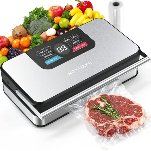Potente sellador al vacío de 95 kPa para alimentos, máquina selladora al vacío 10 en 1 totalmente automática con mango fácil, cortador integrado y