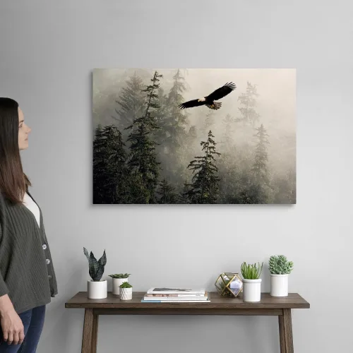 Miniatura 2 de Lienzo decorativo para pared, diseño de águila calva volando a través de Misty Tongass, ilustraciones de águila Lienzo envuelto