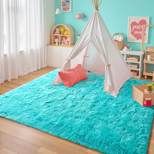 Miniatura 10 de JUNOVO - Alfombra de área lavable, antideslizante, alfombras ultra suaves de 4 x 5.3 pies, alfombras esponjosas para dormitorio, niños, niñas, Azul