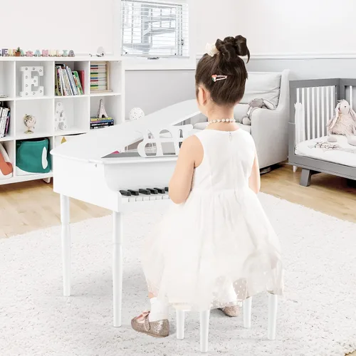 Miniatura 2 de HONEY JOY Piano clásico para niños, mini piano de cola de 30 teclas con soporte de música y banco, juguete de instrumento musical de madera con tapa