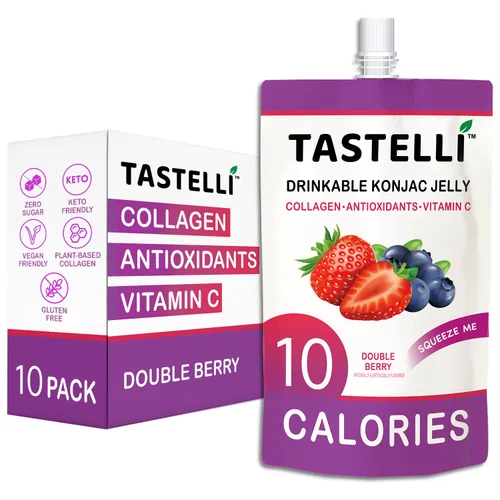 Tastelli - Gelatina Konjac de doble baya con 1000 mg de colágeno y vitamina C, sin azúcar, sin gluten, baja en calorías, aperitivo de frutas