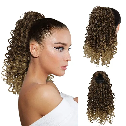 Miniatura 9 de PEACOCO Extensión de cola de caballo rizada con cordón para mujeres negras - Cola de caballo de 6 pulgadas con clip, postizo sintético de afro corto