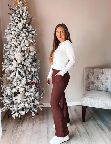 Miniatura 4 de PINSPARK Pantalones de yoga acampanados para mujer, leggings acanalados con corte de bota, cintura alta, pantalones de entrenamiento con bolsillos