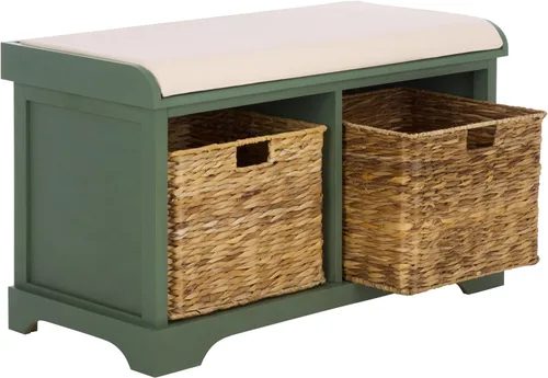 Miniatura 13 de SAFAVIEH Home Collection Freddy Marrón/ Cesta de mimbre, banco de almacenamiento con 2 cajones y cojín, completamente ensamblado