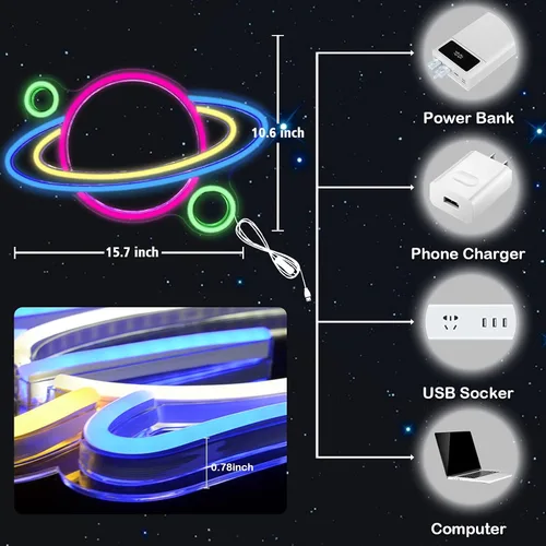 Miniatura 4 de Letrero de neón LED de planeta, luces de neón Saturno para dormitorio, alimentadas por USB, con interruptor de 16 x 11 pulgadas, decoración de pared