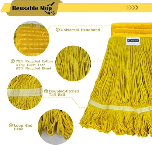 Miniatura 6 de Cabezal de trapeador industrial húmedo de alta resistencia, cabezal de trapeador amarillo de 21 onzas, de repuesto, de algodón, lavables