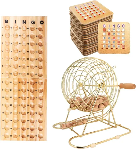 Miniatura 7 de GSE Games & Sports Expert Juego de Bingo de Lujo con Jaula Grande de Latón, 10 Tarjetas de Bingo con Ventanillas Deslizantes, Tablero Principal