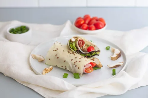 Norigami Envolturas de huevo con proteína de soja, semillas de lino. Altas proteínas, bajas en carbohidratos, vegetarianas. Envolturas finas y