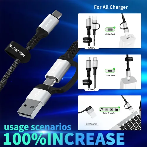 Miniatura 2 de Cable USB C a C 2 en 1 de 100 W (6 pies, paquete de 2), cable de carga rápida 5A tipo A a C, cable de carga USB C trenzado de nailon para iPhone 16