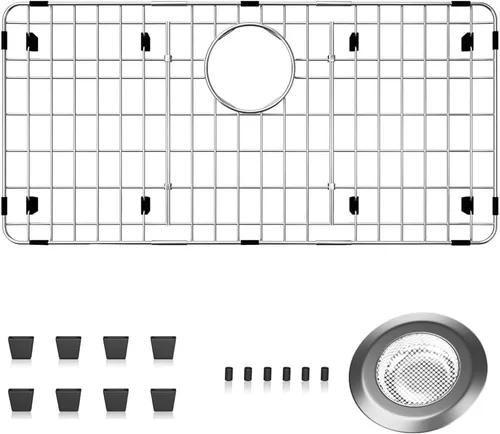 Miniatura 17 de Paquete de 2 rejillas de metal dorado para fregadero de cocina, 13"L X 11.6"W, protectores de fregadero de acero inoxidable con orificio de drenaje