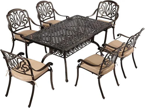 TITIMO Juego de comedor de 7 piezas de aluminio fundido para patio, muebles de comedor al aire libre, juego de conversación de patio, mesa
