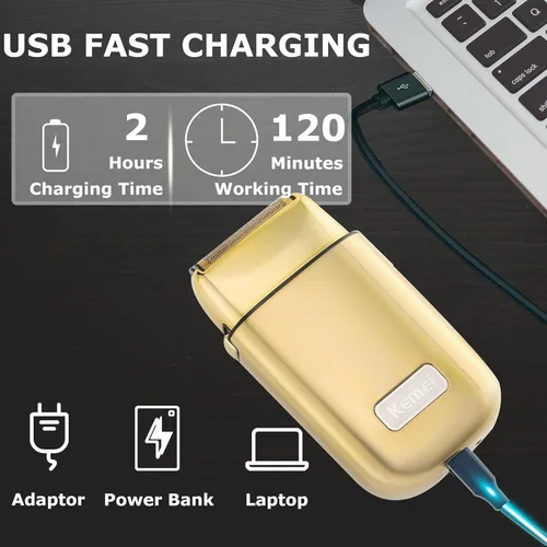 Miniatura 3 de Kemei Afeitadora eléctrica doble de metal inalámbrica para hombres, afeitadoras eléctricas de cierre, tipo C recargable para afeitado en húmedo