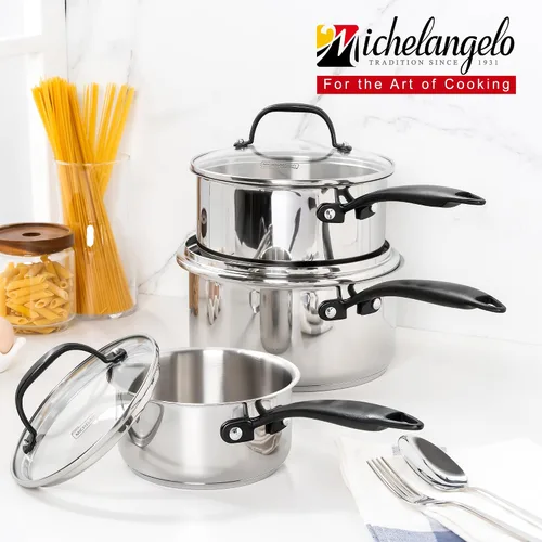 Miniatura 8 de MICHELANGELO Cacerola de acero inoxidable de tres capas con tapa, 6 unidades, sartenes de acero inoxidable con mango frío, juego de 6 ollas