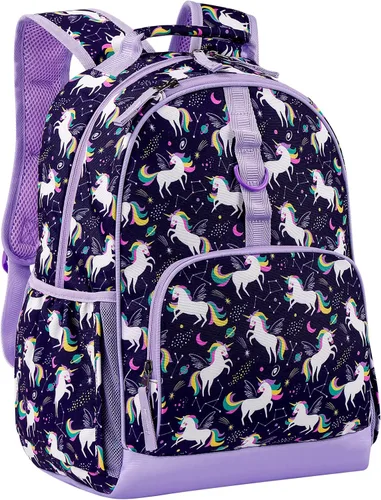Miniatura 5 de Choco Mocha Mochila de escuela primaria de 17 pulgadas para niños, Unicornio espacial, morado