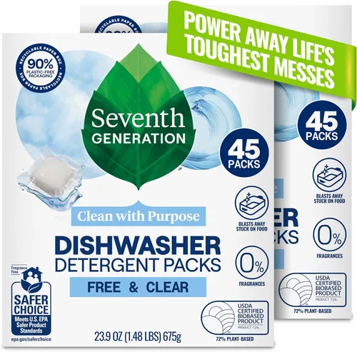 Seventh Generation Paquetes de Detergente para Lavavajillas Free & Clear Paquete de 2 para platos relucientes Pastillas para lavavajillas 45 unidades