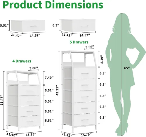 Miniatura 3 de Cómoda con 4 cajones, torre de almacenamiento de tela para dormitorio, cajones de almacenamiento de ropa blanca, organizador vertical de armario
