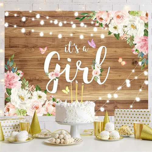 Miniatura 2 de Fondo para baby shower con texto en inglés "It's a Girl" para baby shower, acuarela, rosa, floral, madera rústica, fondo de fotografía de mariposa