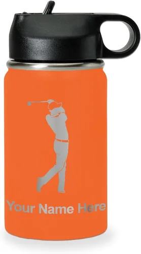 Miniatura 59 de LaserGram Botella de agua personalizada, golfista de golf, acero inoxidable de doble pared aislada al vacío con popote superior, regalo grabado Negro