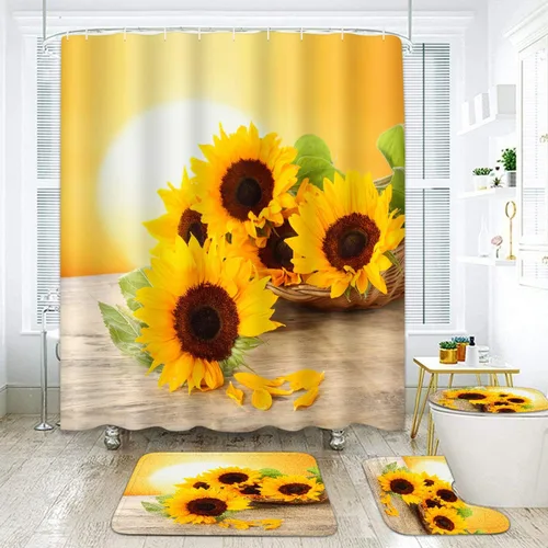 Miniatura 7 de Britimes Juego de cortinas de ducha de 4 piezas, con 12 ganchos, girasol de sol de verano con alfombras antideslizantes, cubierta de tapa de inodoro