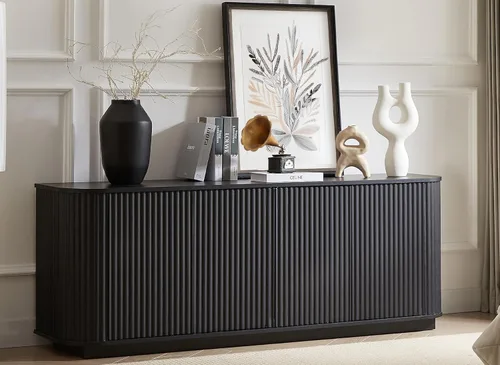 LKTART Aparador de 64 pulgadas con almacenamiento, armario de almacenamiento de madera acanalada, aparador Credenza con estantes ajustables, resorte