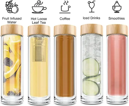 Miniatura 2 de Botella de té COMI, 14 oz, vidrio de borosilicato, de doble pared, con infusor y colador, tapa de bambú, 400ml