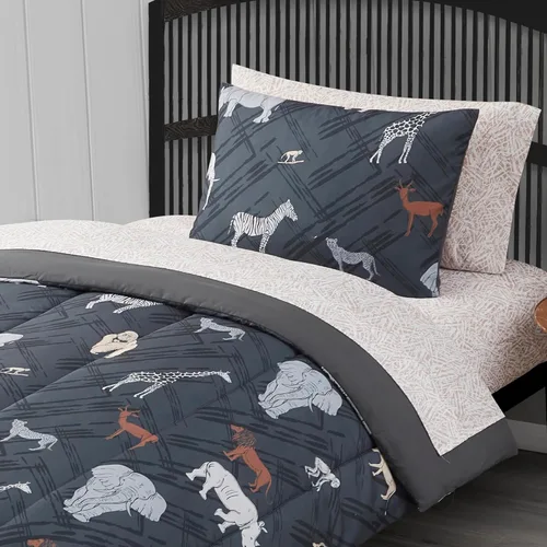 Miniatura 8 de Juego de ropa de cama para niños, cama en una bolsa para niños y niñas pequeños, juego de sábanas y edredón impresos, individual, safari