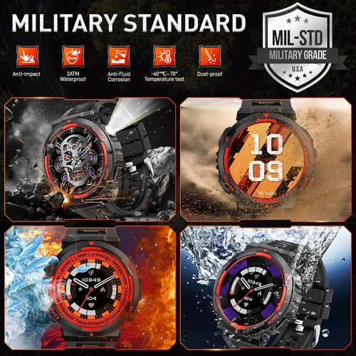 Miniatura 2 de Relojes inteligentes militares para hombres (respuesta/hacer llamadas) con linterna LED 3ATM resistente al agua reloj inteligente con más de 100