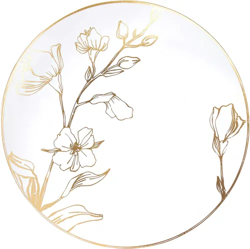 Miniatura 13 de PLASTICPRO Platos de plástico blanco con diseño floral con borde dorado, platos desechables elegantes y pesados de primera calidad