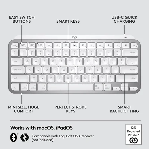 Miniatura 7 de Logitech MX Keys Mini - Teclado inalámbrico minimalista para Mac, compacto, Bluetooth, teclas retroiluminadas, USB-C, escritura táctil, compatible