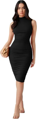 Miniatura 4 de SheIn Vestido ajustado fruncido sin mangas con cuello alto falso para mujer