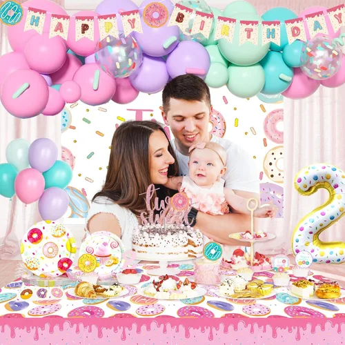 Miniatura 6 de Hombae Dos dulces decoraciones de fiesta de cumpleaños, suministros de dona para 2ª fiesta, telón de fondo, globo, mantel con platos, servilletas
