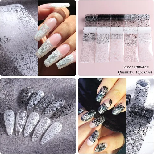 Miniatura 3 de 10 rollos de calcomanías de transferencia de papel de uñas de flores blancas y negras con patrón de flores de encaje pegatinas de transferencia