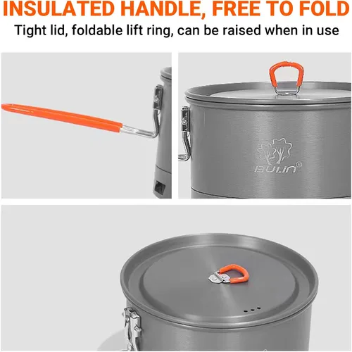 Miniatura 4 de Bulin Olla de camping, 2.1 L de alta eficiencia para mochileros, juego de utensilios de cocina ultraligeros con mango a prueba de calor e