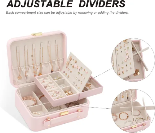 Miniatura 6 de Organizador de viaje grande para joyas, joyero de viaje grande con bandeja de joyería extraíble, cajas de joyería de 2 capas para mujer, rosa