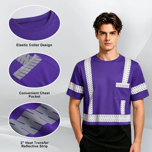 Miniatura 5 de Camisas de seguridad Hi Vis con tiras reflectantes, camisas de construcción de fondo negro para hombres y mujeres Púrpura