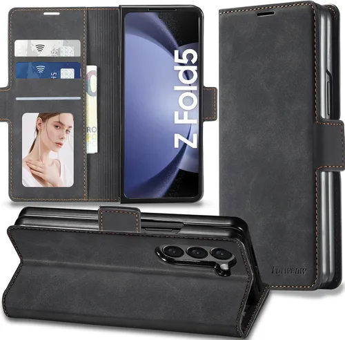 Miniatura 32 de Funda de piel con tapa para Samsung Galaxy Z Flip 3, con protección de bisagra, delgada y magnética tipo cartera [1 tarjetero], funda protectora a