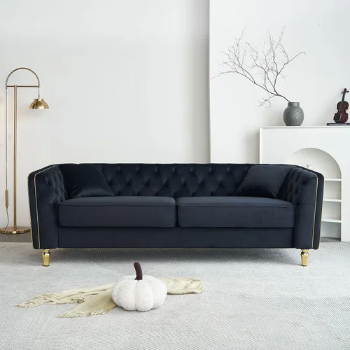 Miniatura 11 de KEIKI Sofá Chesterfield de terciopelo con botones capitoné de 87 pulgadas con cojines de espuma de alta densidad, moderno sofá de 3 plazas con Negro
