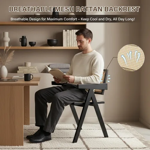 Miniatura 5 de Furlide Juego de 2 sillas de comedor de ratán, sillas de comedor modernas de mediados de siglo con brazos, sillas de bambú para exteriores