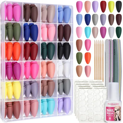Miniatura 8 de FANDAMEI - Uñas de presión, 576 uñas postizas en 24 colores, uñas acrílicas de almendra de longitud media, cobertura completa, brillantes