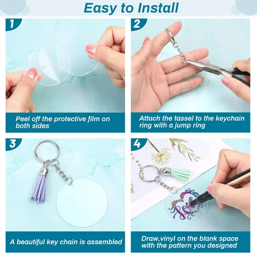 Miniatura 7 de 350 llaveros acrílicos en blanco Cludoo Clear Acrylic Ornament en blanco para vinilo con 60 piezas en blanco, 60 borlas de llavero, 170 anillos